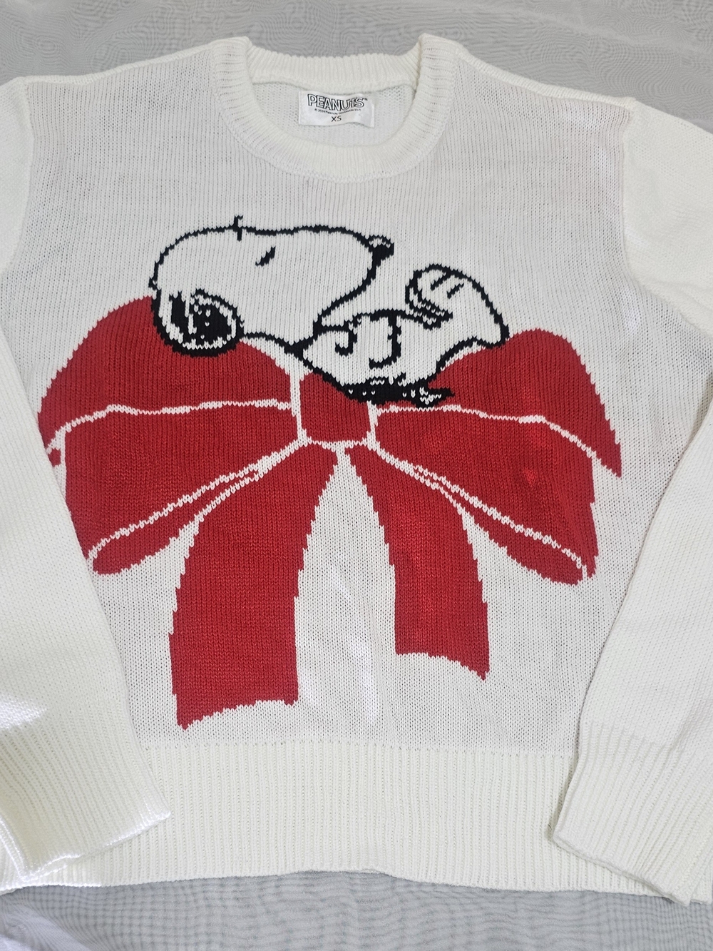 Peanuts Snoopy Graphic Knit Pullover Sweater XS White/Red Crew Neck Long Sleeve